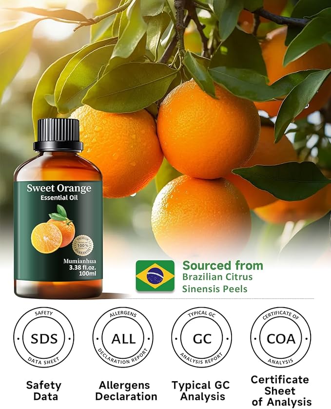 Orange Essential Oil Pure,Mumianhua Natural Sweet Orange Oil for Reed Diffuser, Humidifier, Air Purifier, Skin,Home, Perfumes, Soap, Candles Making, Room Spray, Cleaning 3.38Fl Oz