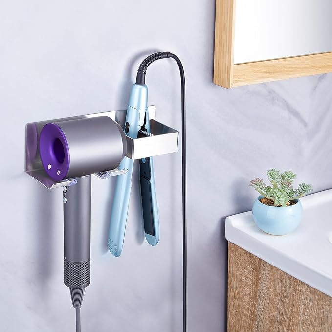 Hair Straightener Holder for Wall, Adhesive Straightener Holder, Blow Dryer Holder Wall Mounted, Stainless Steel Hair Dryer Holder Curling Iron Organizers Storage, Bathroom Hair Tools Holder
