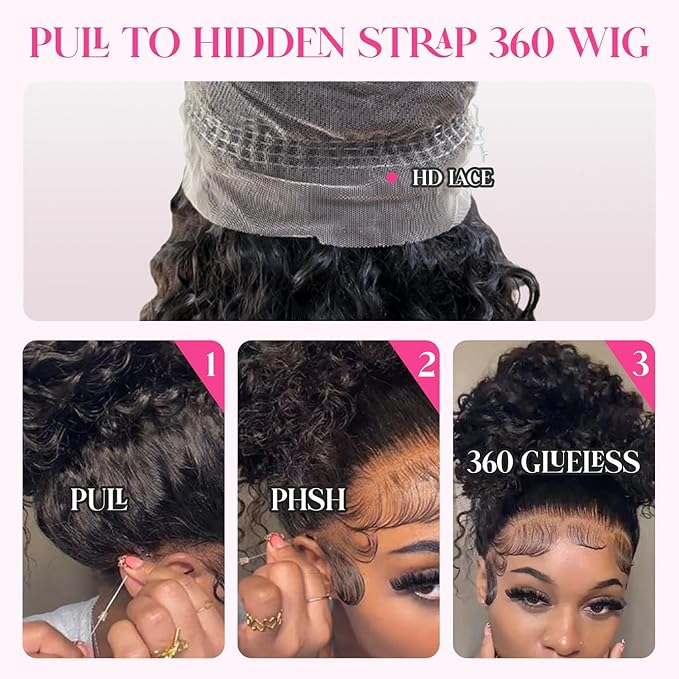 360 Glueless Drawstring Wig Human Hair 22 Inch Pre Plucked Hidden Strap 360 Water Wave Lace Front Wigs,180% Density Curly Wet and Wavy HD Full 360 Lace Frontal Human Hair Wig