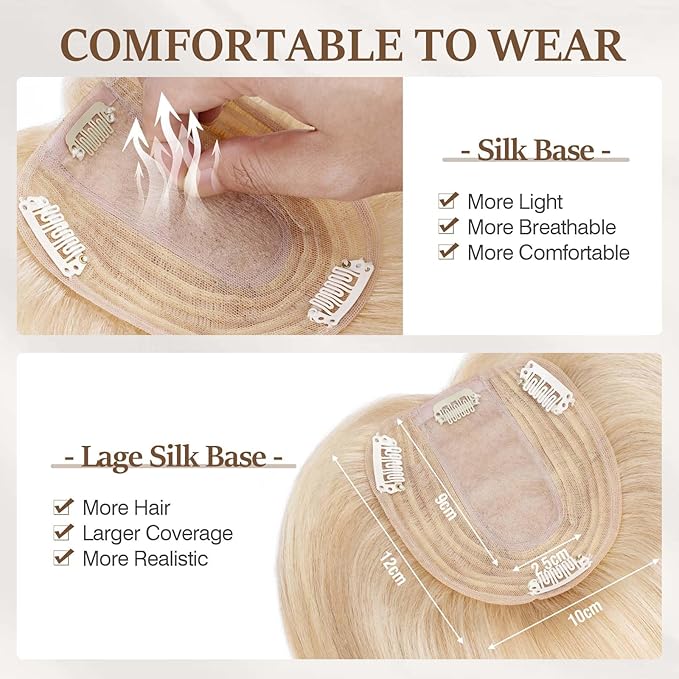 Rich Choices Hair Toppers for Women Real Human Hair 100% Human Remy Toppers NO Bangs with Thinning on Top Clip in Hairpiece 4"x4.7"Lace Base 6 Inch #18P613 Ash Blonde Highlights Bleach Blonde