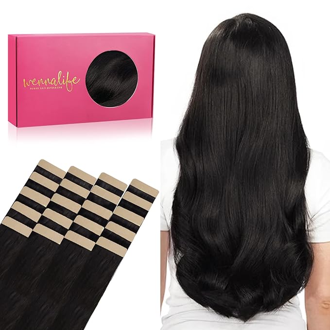 WENNALIFE Tape in Hair Extensions Human Hair, 20pcs 30g 10 inch Natural Black Remy Hair Extensions Straight Human Hair Tape in Extensions Skin Weft Tape Extensions Human Hair