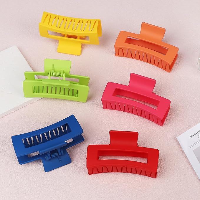 3.5 Inch Square Hair Clips for Women 6 Pack Hair Claw Clips Medium Claw Clips for Thick Thin Hair Rectangle Banana Jaw Hair Accessories for Women Girls -Dopamine