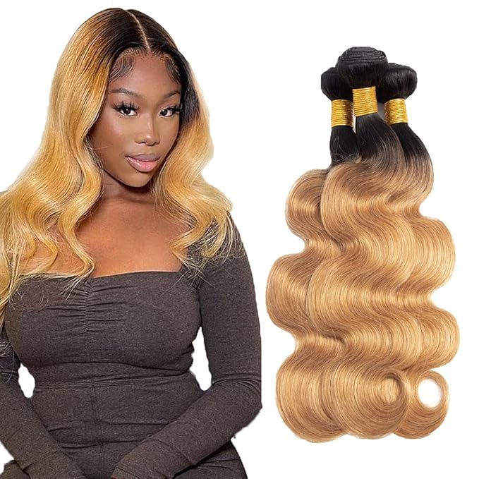 1B27 Bundles Human Hair Ombre Blonde Body Wave Bundle Virgin Remy Hair 3 Bundles 16 18 20 Inch Niegmeag Double Weft Soft and Silky 2 Tone Black and Honey Blonde Bundle 300g