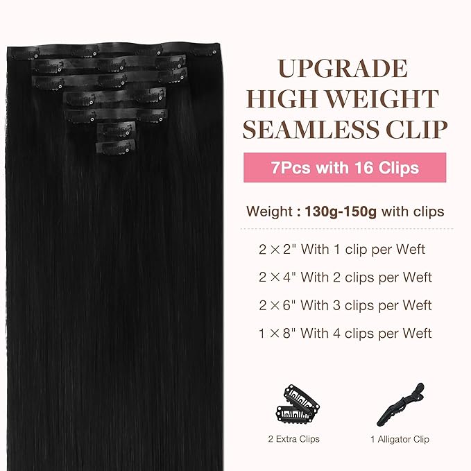 GOO GOO Clip in Hair Extensions Real Human Hair, Remy Human Hair Extensions Clip ins for Women, Natural Human Hair, 16inch 130g 7Pcs, 1 Jet black