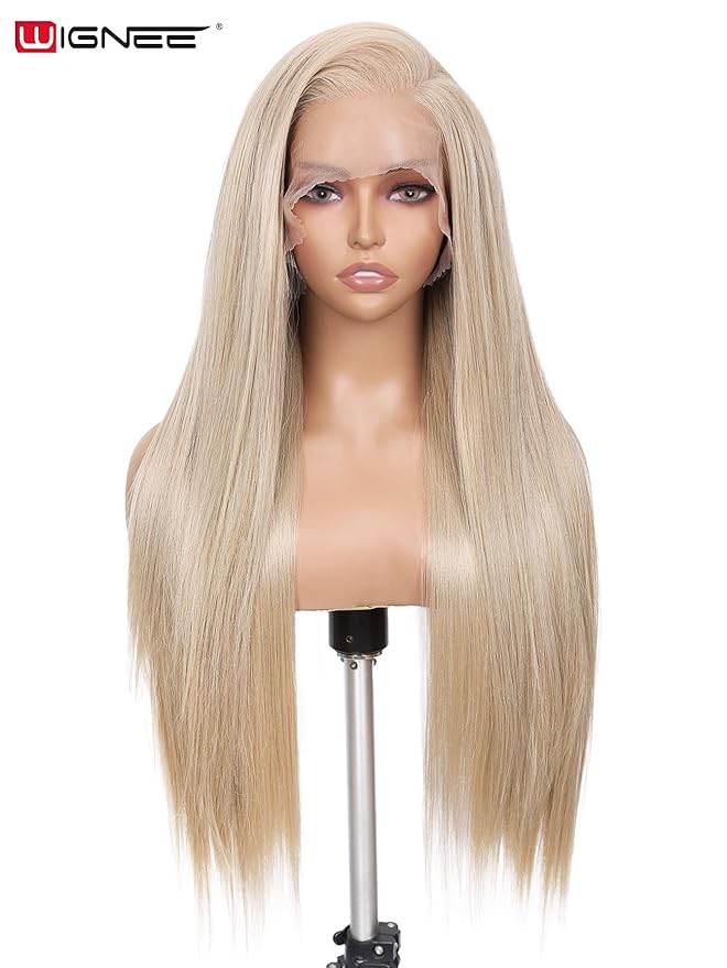 WIGNEE 13x6 Synthetic Lace Front Wig 28" Ash Blonde Wig Pre-Plucked Handmade Lace Front Wigs with Kanekalon Futura Hair Voluminous Long Straight Synthetic Wigs for Daily Party Use