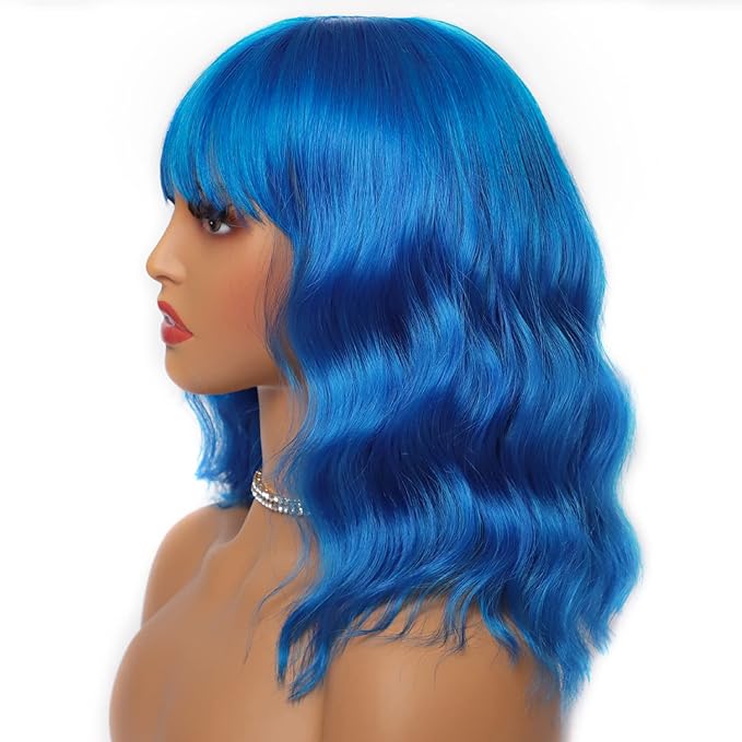LANICE Blue Wig Short Bob Wigs with Bangs for Women Loose Wavy Hair Shoulder Length Blue Wig Synthetic Colorful Wigs for Cosplay Daily PartyUse(Blue,12inch)