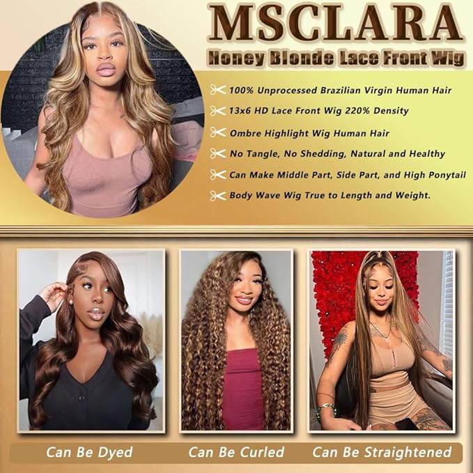 13x6 Ombre HD Lace Front Wigs Human Hair Highlight Wig 220 Density Body Wave Wig Pre Plucked Honey Blonde Lace Front Wig P4/27 Colored for Women Human Hair Wig 24 Inch