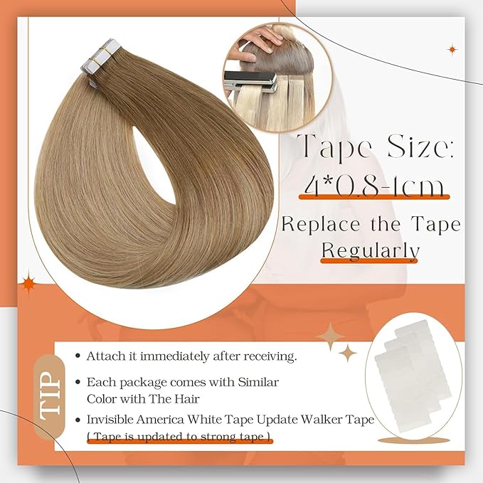 Full Shine Tape in Hair Extensions 22Inch Double Sided Tape in Hair Ombre Color 10 Golden Brown Fading to 14 Dark Blonde Real Hair Extensions 50G 20Pcs Seamless Skin Weft Remy Tape Extension for Women