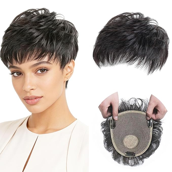 Short Human Hair Topper for Women with Hairloss,Invisible Clip in Texture Wavy Topper Hairpiece with Large Mesh 6.3x7 Ins and Silk Top Base Natural Fluffy Wiglet Hairpiece Natural Black