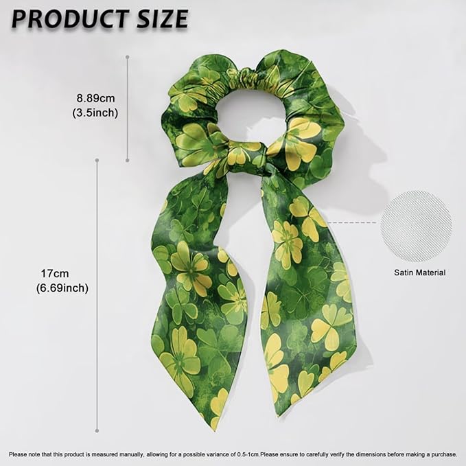 2 Pack St Patricks Green Four Leaf Hair Scarf for Women Ponytail Scrunchies Long Ribbon Scrunchies for Little Gilrs No Damage Knotted Bow