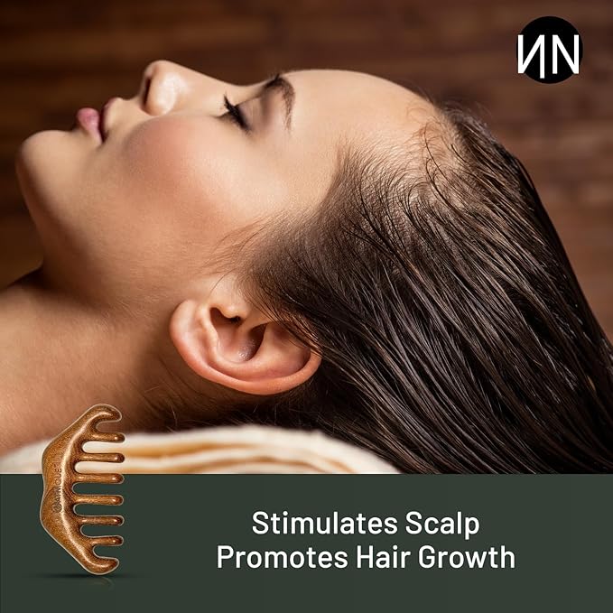 Natnique Wooden Scalp Massager – Handmade Natural Sandalwood Wide Tooth Hair & Beard Comb with Storage Bag – Anti-Static Grooming Tool for Scalp Massage, Detangling, and Daily Care