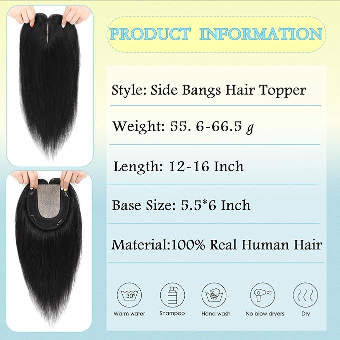 Hair Toppers for Women Real Human Hair, 360° 3D Toppers Pieces for Women with Thinning Crown Side Bangs 14 Inch Upgrade Big Basement (Black, 14 Inch Side Bangs)