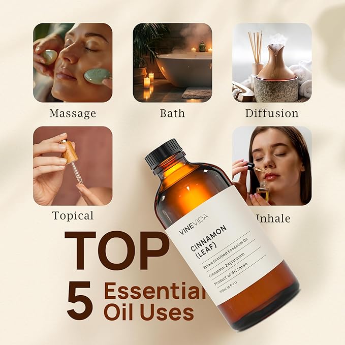 VINEVIDA Cinnamon Leaf Essential Oil 4 oz - Undiluted Cinnamon Oil 4 oz - Cinnamon Candle Oil Scent - DIY Candle Scents for Candlemaking - Bulk Essential Oil for Soap Making Safe for Skin
