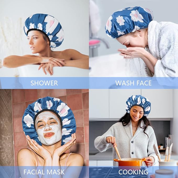 Aquior Shower Cap,Terry Lined Shower Cap for Women Reusable, Triple Layer Waterproof Bath Cap, Extra Large for Women Long Hair