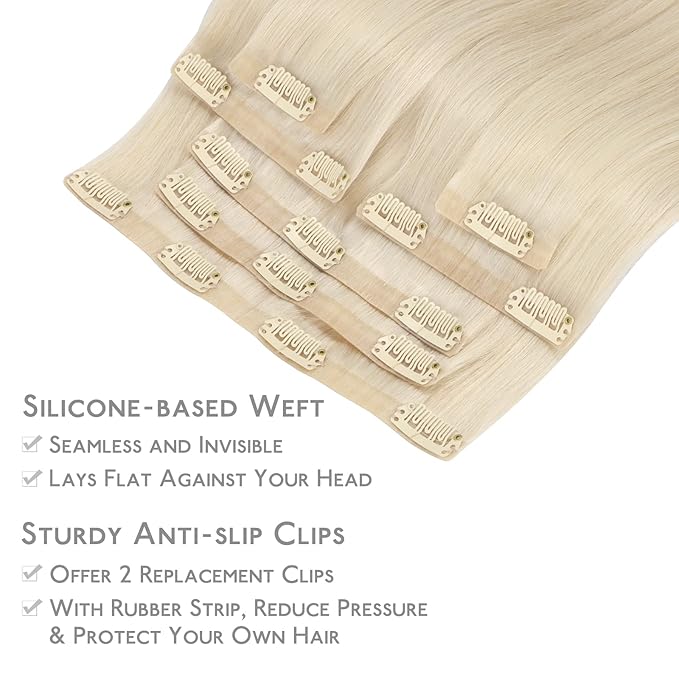 WENNALIFE Seamless Clip In Hair Extensions Human Hair, 12 Inch 80g 7pcs Platinum Blonde Real Hair Extensions Clip in Human Hair Invisible PU Skin Weft Natural Remy Hair