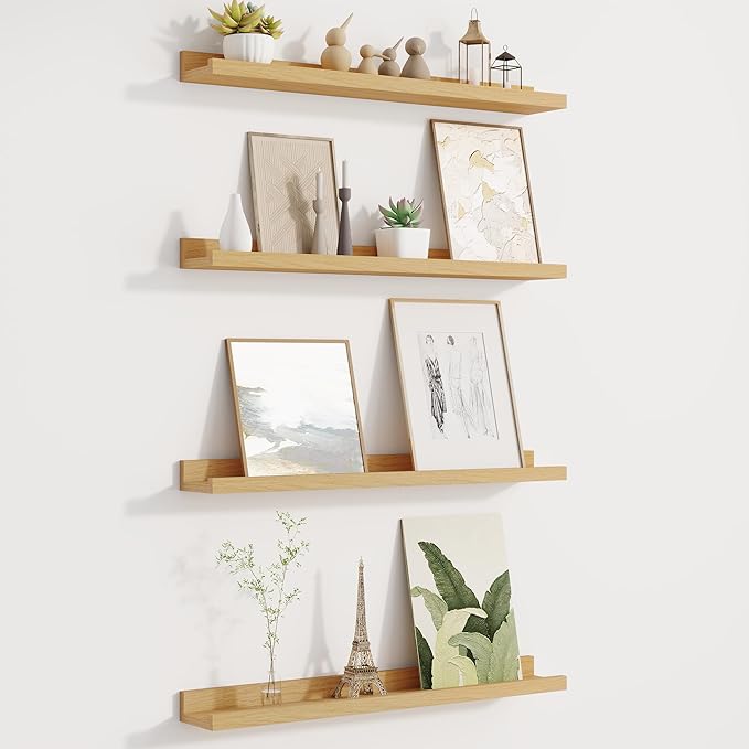 Picture Ledge Shelf for Wall, Floating Shelves Set of 4, 24 Inch Long Nursery Book Shelves for Toys Storage, Kids Bookshelf Wall Mounted for Books Photo Frames, Oak