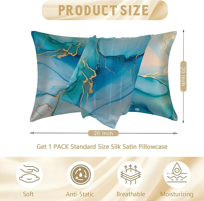 Imitation Silk Pillow Case for Hair and Skin Abstract Blue and Gold Marble 1 Pack Satin Pillow Case Standard Size with Hidden Zipper Smooth Cooling Pillow Cover for Sleeping 20”x26”
