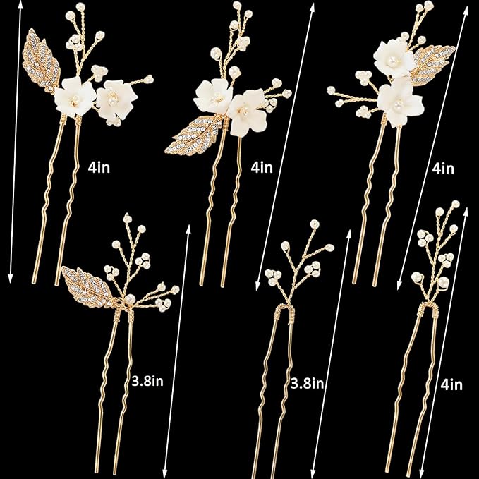 Handmade 6 Piece Flower Wedding Hair Accessories Elegant Bridal Hair Pins with Adorable Flowers Sparkling Rhinestone Gold Leaves and Pearl Accents for Women Brides and Bridesmaids (Gold)