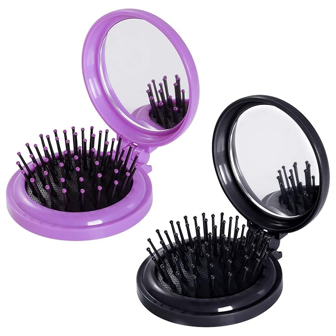 2pcs Folding Travel Mirror Hair Brushes Round Mirror Pocket Hair Brush Portable Mini Pop Up Hair Brushes for Women Girls Wet and Dry Hair (Purple, Black)