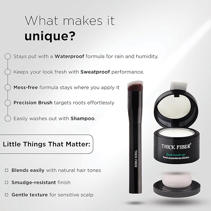THICK FIBER Root Touch Up and Hair Loss Concealer Set - Water & Sweat Resistant Hairline Powder for Thinning Hair, Women - Includes Brush (White)