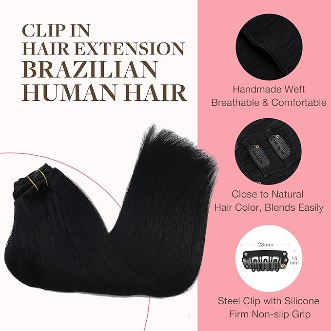 GOO GOO Clip in Hair Extensions Real Human Hair, Remy Human Hair Extensions Clip ins for Women, Natural Human Hair, 14inch 120g 7Pcs, 1 Jet black