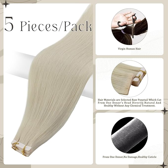 Full Shine Injected Tape in Hair Extensions Human Hair 5Pcs Color 1000 Blonde Intact Hair Extensions Tape in 20Inch Virgin Tapes in Extensions 12.5Gram Seamless Skin Weft Human Hair Straight