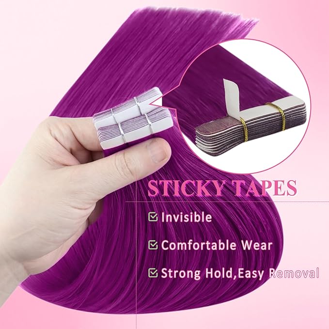 YoungSee Tape in Extensions Human Hair Purple Invisible Tape in Hair Extensions Purple 10pcs 25g Color Human Hair Tape in Extensions 14In Short-Hair for Cosplay