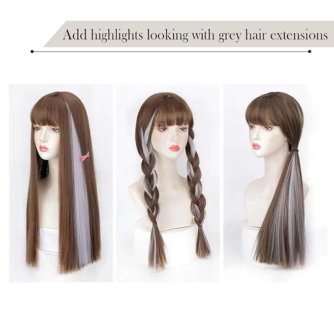 Grey Hair Extensions Clip in for Kids Girls Women, 10 Pieces 22 Inch Long Straight Colored Heat Resistant Synthetic Highlight Party Clip ins