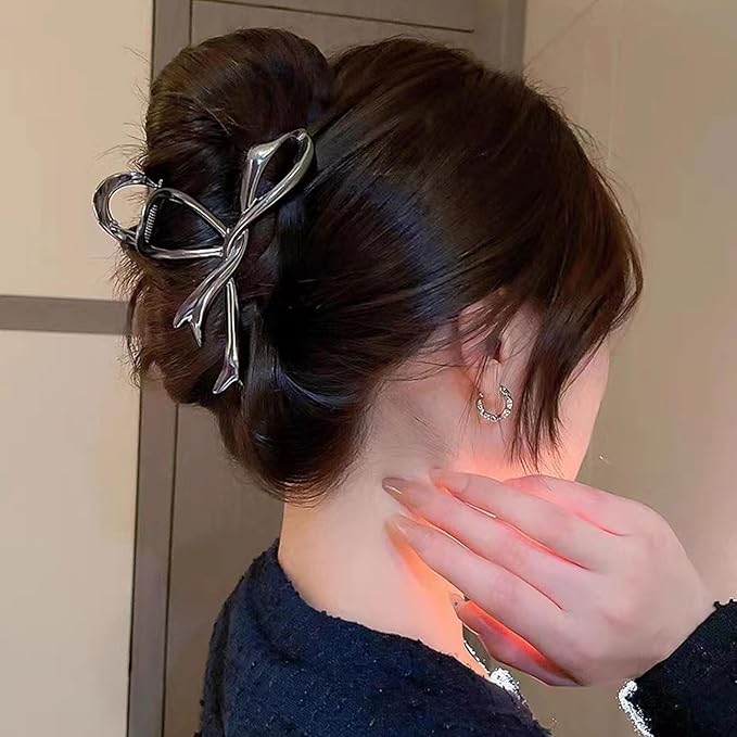 Black Ribbon Bow Metal Hair Clips Claw, 1Pcs 4.52Inch Hair Claw Clips for Thin Thick Hair Accessories Alloy Elegant Non-Slip Strong Hold Grip Hair Jaw Clip(Black Ribbon)