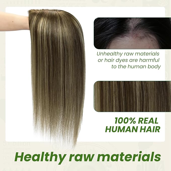 Hair Toppers for Women Real Human Hair 6x7 inch Larger Silk Base 150 Density 55 grams 12inch Balayage Color Chocolate Brown To Caramel Blonde Hair Pieces Add Volume（#4274 12inch）