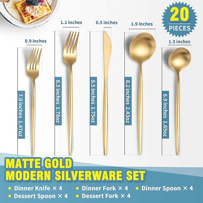 Matte Gold Silverware Set for 4,Modern Stainless Steel Brushed Cutlery Set,20-Pieces Heavy Duty Flatware Set,Knives Spoons and Forks Set Utensils Set, Satin Finish, Dishwasher Safe