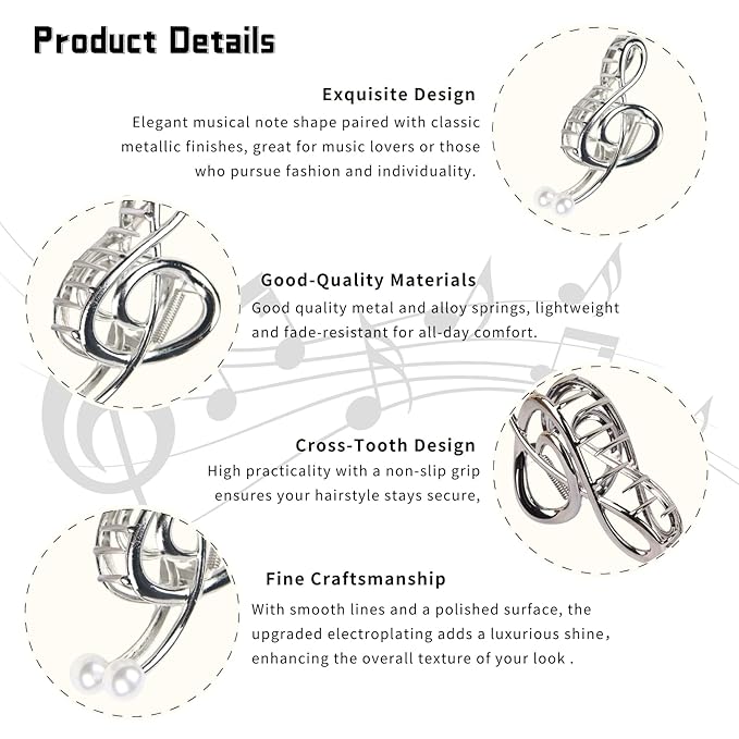 Music Note Hair Clips Metal Music Note Hair Claw Clips Musical Score Hair Claws With Pearl Large Clef Claw Clip Strong Hold Nonslip Hair Jaw Clip for Thin Thick Hair Stylish Hair Accessories for Women