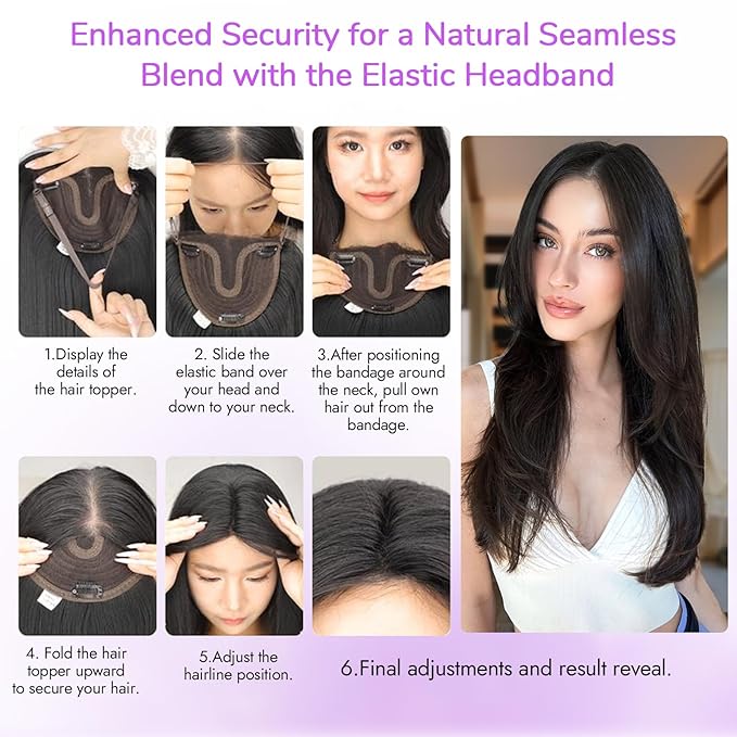 Black Synthetic Hair Toppers for Women with Thinning 3D 360° Cover Clip in Wispy Bangs Upgraded Adjustable Bandage 18 Inch Long Layered