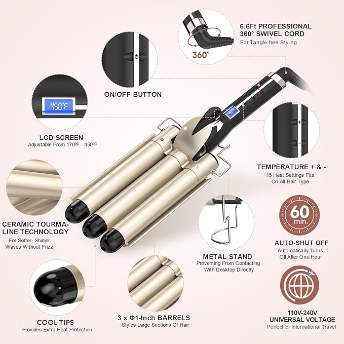 Hair Waver 3 Barrel 1 Inch for Classic Beach Waves, AIMERVO Crimper Tool for Women 15 Temp Settings from 170 to 450°F, Tourmaline Ceramic Crimping Iron, PTC Heater Technology, 1 Hour Auto Shut-Off