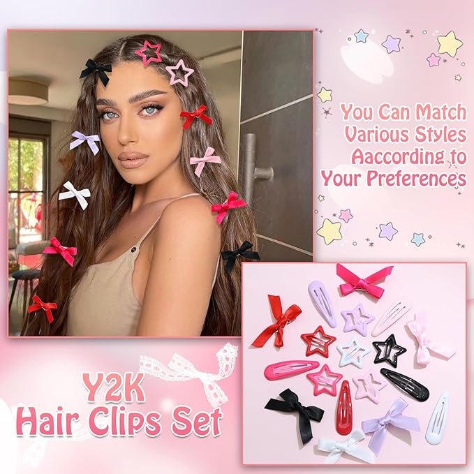 36Pcs Pink Mini Bow Hair Clips 6 Color Water Drop No Slip Hair Clips for Women White Star Snap Hair Barrettes Black Small Hair Bows Star Bowknot Hair Accessories for Girls