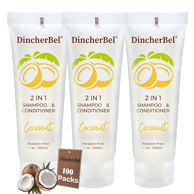 Travel Size 2 in 1 Shampoo & Conditioner, Refreshing Tropical Coconut Scent Shampoo Amenities - Small Hotel Toiletries in Bulk (1 Fl Oz, 100 Pack)