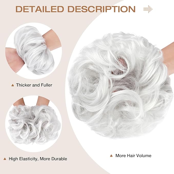 Messy Bun Hair Piece Wavy Curly Scrunchies Fluffy Donut Thick Updo Elegant Chignon Hairpieces for Women Girls, Silver Grey 1.4oz