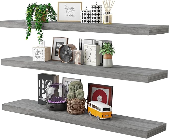 BAMEOS Floating Shelves,40 in W x 8in D Wall Mounted Wooden Shelves with Invisible Brackets Set of 3, Hanging Wall Shelves Decoration for Bedroom, Bathroom, Living Room and Kitchen