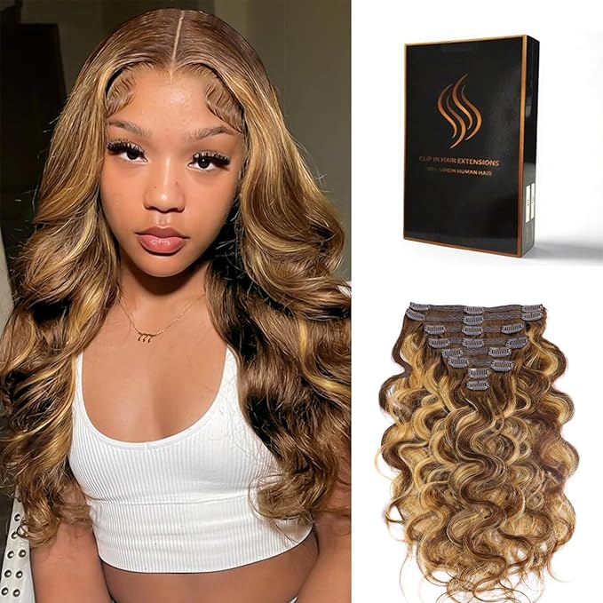 Clip in Hair Extensions Real Human Hair Body Wave #4/27 Chocolate Brown to Honey Blonde 100% Brazilian Remy Human Hair Extensions 8pcs Per Set with 18 Clips Double Weft 22 Inch 110g/3.6oz
