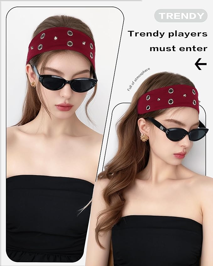 Grommet Headband for Women, Red Triangle Studs 23cm Hollow Out Elastic Hair Band, Eyelets Punk Grunge Stylish Hairband