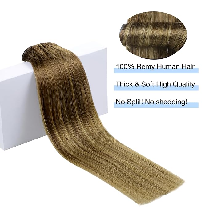DOORES Remy Human Hair Extensions Clip in, Medium Brown Highlighted Dirty Blonde 16 Inch 7pcs 120g, Clip in Hair Extensions Real Natural Hair Extensions Straight Thick