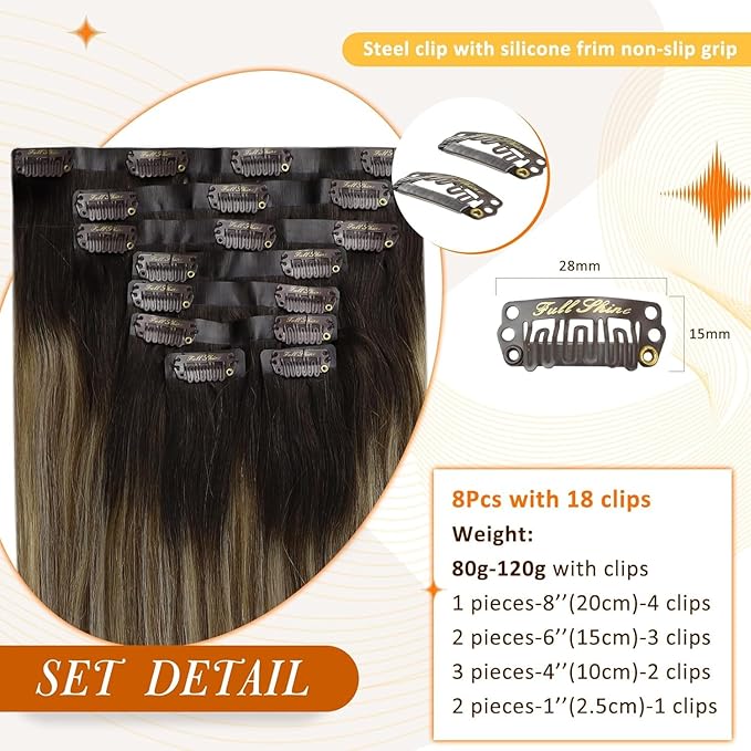 Full Shine Brown Clip in Hair Extensions Balayage Seamless Hair Extensions Clip in Dark Brown Ombre Medium Brown Mix Caramel Blonde Clip ins Remy Hair 18 Inch 120G 8 PCS