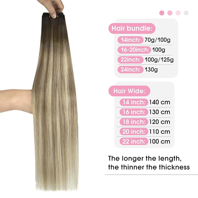 YoungSee Weft Hair Extensions Ombre Sew in Hair Extensions Walnut Brown Ombre Light Brown with Blonde Hair Extensions Weft Real Human Hair Bundle One Piece for Women 14Inch 100G