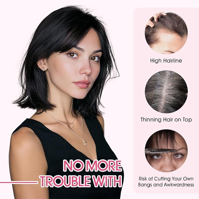 Hairro Human Hair Toppers with Side Bangs, 3D 360° Seamless Real Hair Toppers, Hand-Tied with 3.5"x4.7" T-shaped Base, Clip-In Hairpieces to Add Volume on Top, 11 Inch Medium Brown Mix Dark Blonde