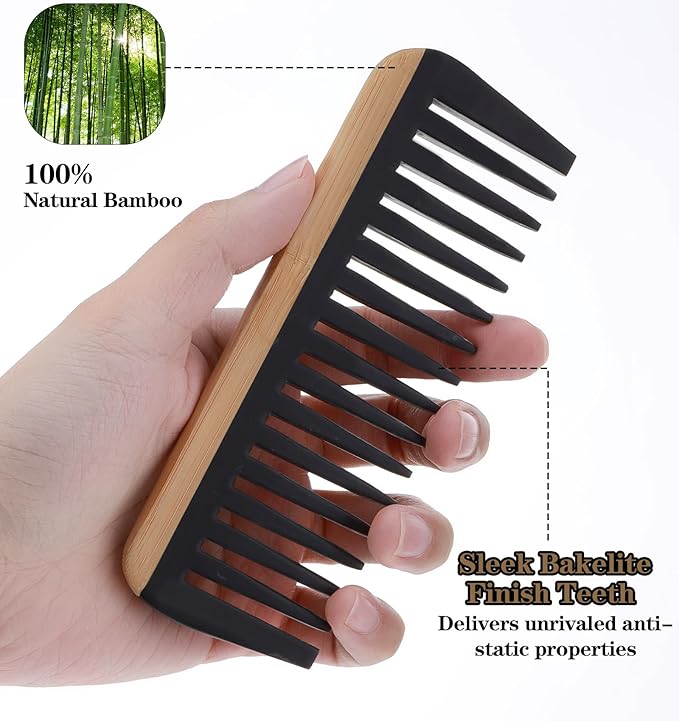 2Pcs Bamboo Wide Tooth Comb, Bamboo Fine & Wide Tooth Comb Anti-Static for Thick & Wavy Hair for Men Women Durable Eco-Friendly Natural Wood Finish, Ideal for Detangler Frizz Control