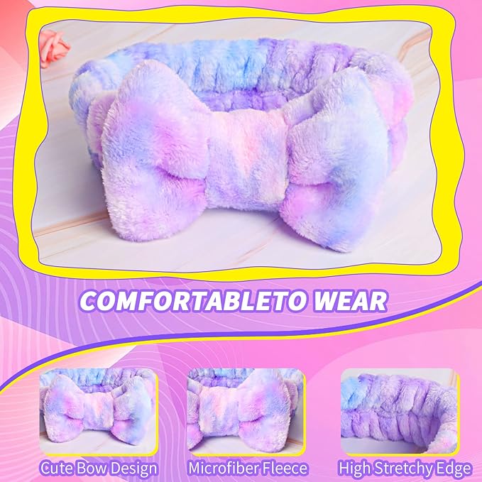 WSYUB Spa Headband and Matching Wrist Bands for Washing Face, Fuzzy Skincare Bow Headbands, Soft Facial Makeup Head Bands, Shower Hair Sleepover Party Supplies