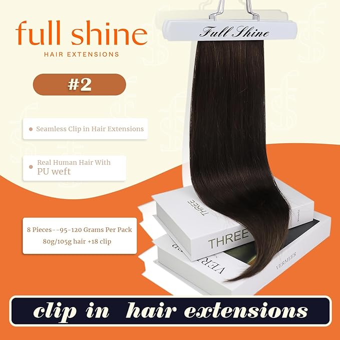 Full Shine Seamless Clip in Hair Extensions Brown Hair Clip in Extensions Pu Weft Real Hair Extension Clip ins Silky Straight Natural Hair 120 Grams 14 Inch 8 Pcs