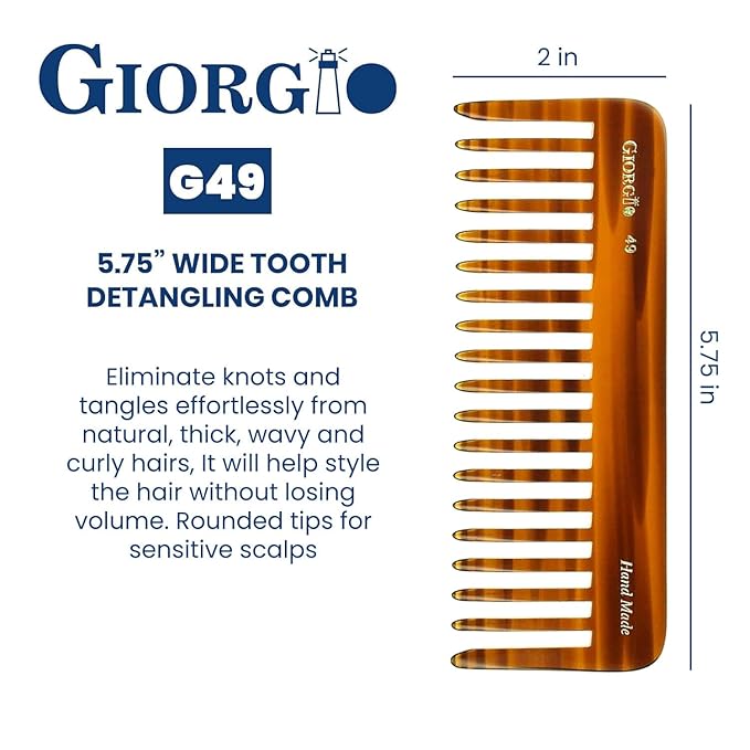 Giorgio G49 Large Hair Detangling Comb, Wide Teeth for Thick Curly Wavy Hair. Long Hairs Detangler Comb For Wet and Dry. Handmade of Quality Cellulose, Saw-Cut, Hand Polished, Tortoise Shell