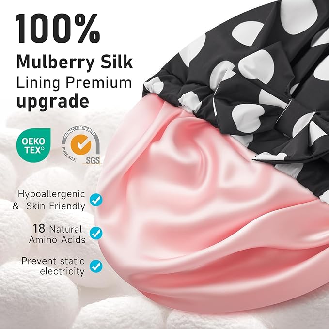 LitBear Luxury Silk Lined Shower Caps for Women Reusable Waterproof, Double Layered Large Bathing Hair Cap with Adjustable Elastic Strap, Non-slip, Quick-dry, for Long Short Hair, Black Dots
