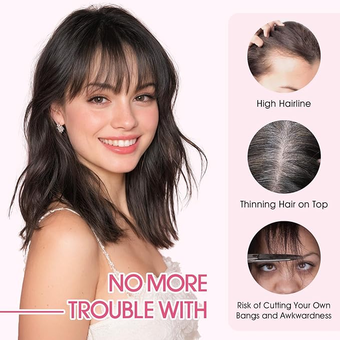 Hairro Human Hair Toppers with Wispy Bangs, 3D 360° Seamless Real Hair Toppers, Hand-Tied with 3.5"x4.7" T-shaped Base, Clip-In Hairpieces to Add Volume on Top, 11 Inch Medium Brown Mix Dark Blonde